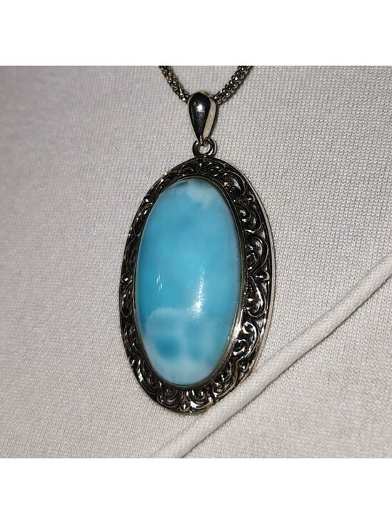 Thailand Jewelry - Sterling Silver Necklace With Larimar Q8" Long And Pendant Measures 1.71"